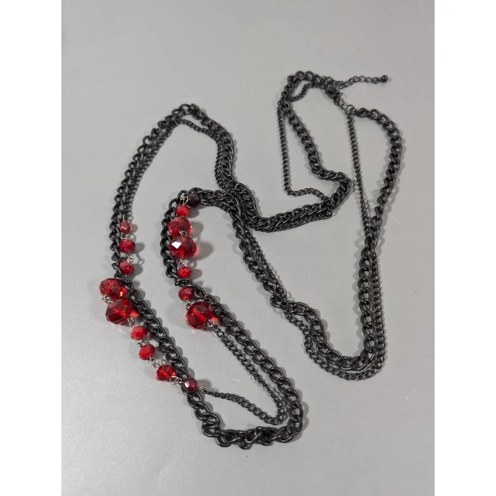Black Metallic‎ Double Chain Long Layer Red Glass Bead Necklace Gothic 40
